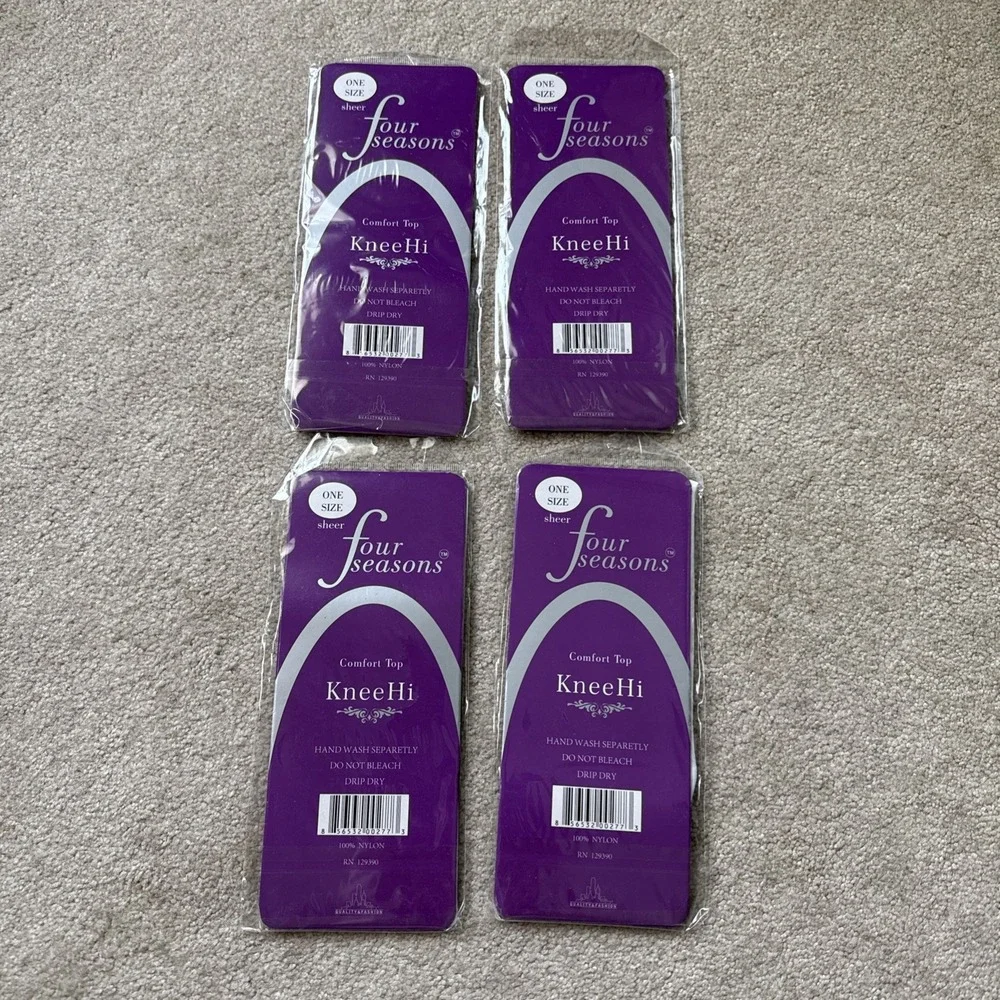 Lot of 4 Four Seasons Sheer KneeHi Comfort Top Stockings, White, Nylon Socks (4)